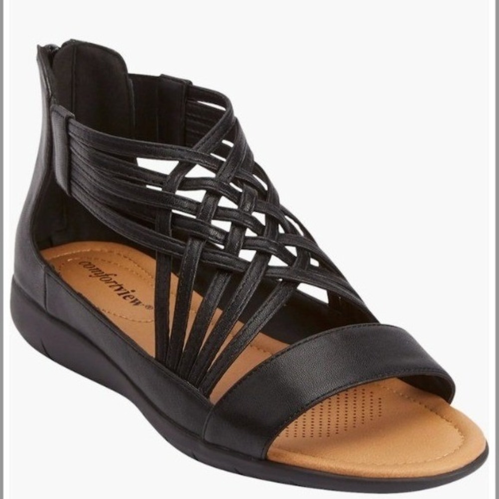 NWT Comfortview Black Strappy Gladiator Flat Sandals Summer Vacation Cushion 9.5
